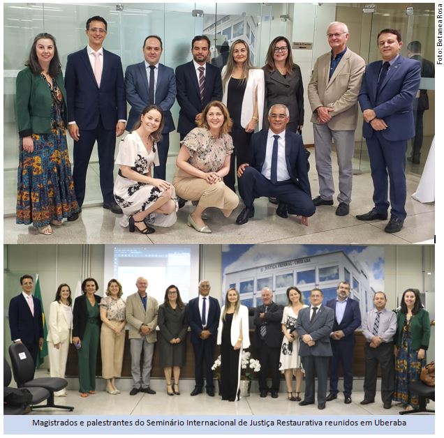 duas fotos horizontais uma em cima da outra com varias pessoas fazendo pose para a foto magistrados e palestrantes do seminário de justiça restaurativa em Uberaba