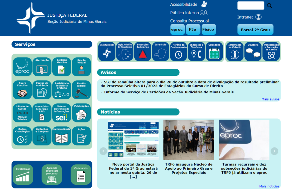 Imagem colorida do novo portal da Justiça Federal de 1º Grau.