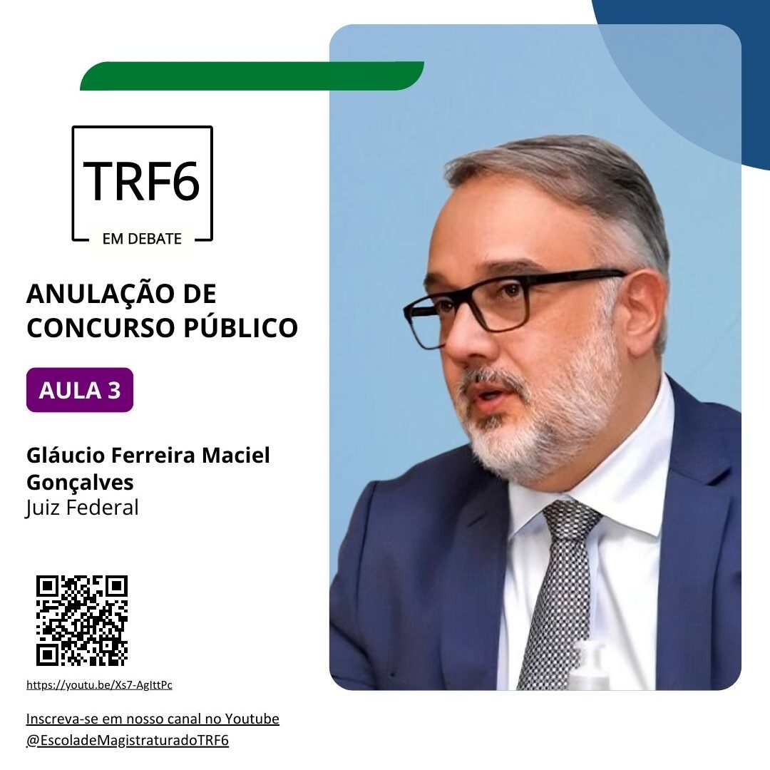 Imagem colorida de divulgação do terceiro episódio do "TRF6 em Debate". À direita um homem com barba e óculos de terno e gravata. 