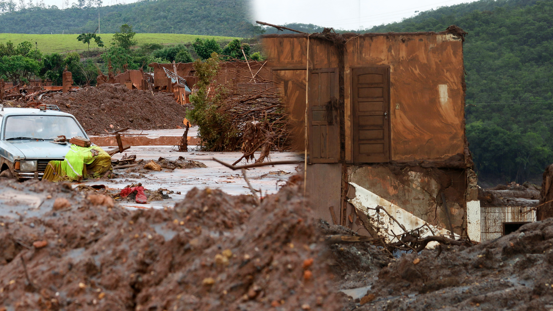Imagem colorida horizontal que mostra a destruição em Mariana após o rompimento da barragem.